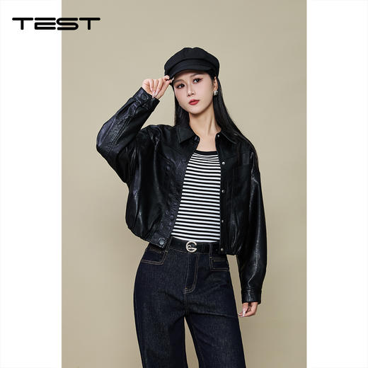 秋上新简约风棕色修身韩版时尚皮衣夹克2253013 商品图0