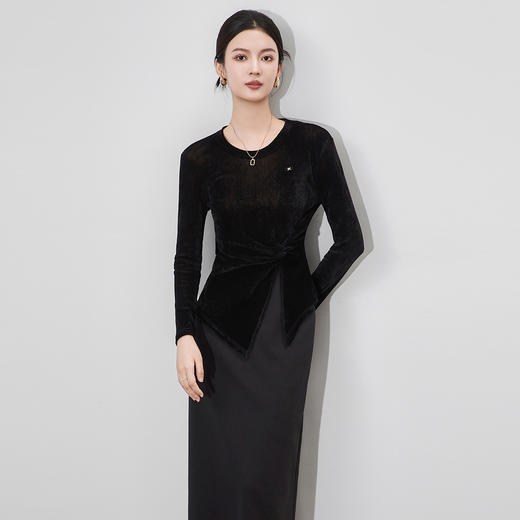 「高货wl」全新升级【铂金会员183/天猫249/差价66】(65903)洛诗琳复古设计感植绒长袖T恤2025秋季扭结收腰丝绒上衣 商品图1