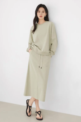 DUIBAI对白 草绿色休闲卫衣半裙套装 21173