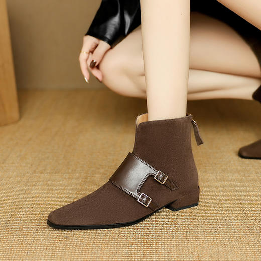 OLD K1775法式尖头小短靴粗跟翻皮靴子皮带扣中跟及踝裸靴 商品图3
