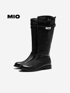 【云粉节】BF楼MIO米奥骑士靴2025冬季新款圆头粗跟增高美拉德纯色褶皱拉链女靴M255868992吊牌价2898活动价2463