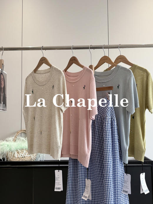 会员福利【精美刺绣+立体珍珠】拉夏贝尔/La Chapelle天丝亚麻针织衫女圆领百搭短袖休闲慵懒毛衣 商品图0