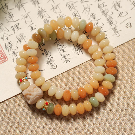 【敦煌菩提算盘珠手串】敦煌福泽天然白玉奶豆菩提手串 醒狮莲花学生男女菩提手串 商品图0