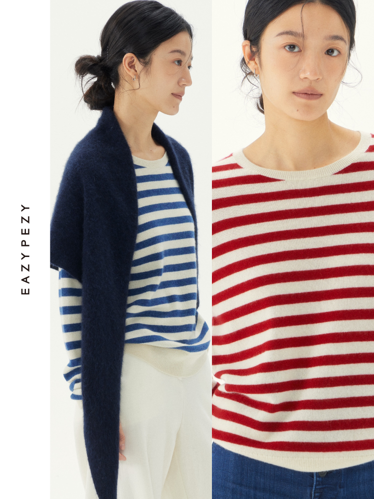 经典条纹圆领羊绒衫