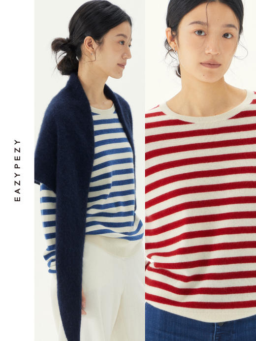 经典条纹圆领羊绒衫 商品图0