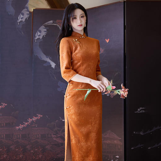 修身收腰橘黄色国风，新中式秋季改良年轻款长袖旗袍	 WZY9438 商品图2