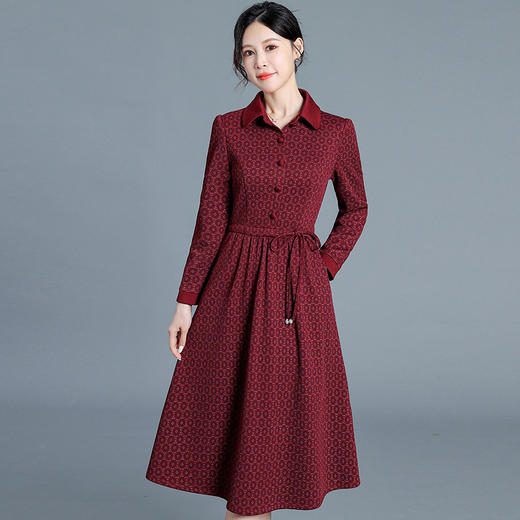 QYM 65098-Y翻领网纱印花连衣裙系带收腰中长款A字裙 商品图0