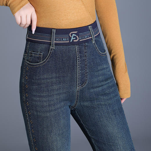 QYM 9855-Y弹力高腰刺绣花牛仔裤微喇裤宽松休闲裤 商品图3