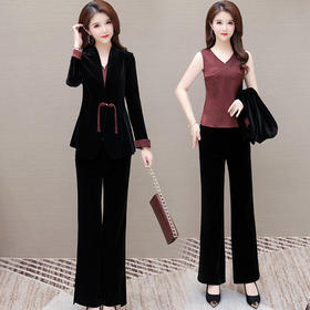 QYM 99H224-Y丝绒三件套时尚妈妈装小衫+西装外套+高腰裤套装