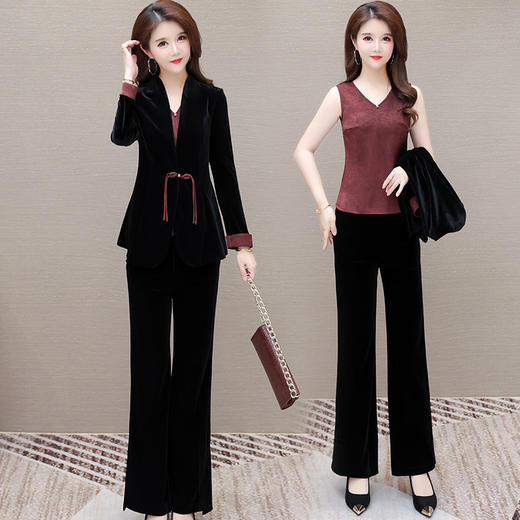 QYM 99H224-Y丝绒三件套时尚妈妈装小衫+西装外套+高腰裤套装 商品图0