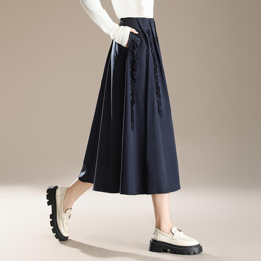 QYM M257-Y木耳边休闲裙高腰百褶裙半身裙时尚中长款气质A字裙 商品图2