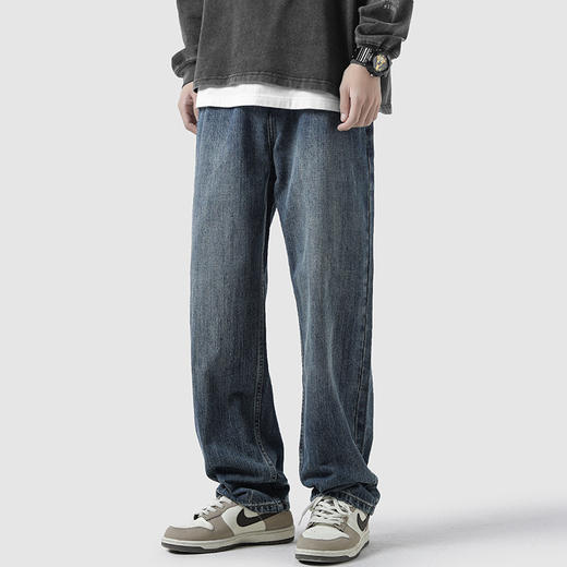 NASA复古水洗牛仔裤男秋冬季加绒美式高街裤子潮宽松阔腿直筒长裤 商品图2