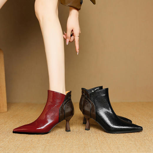 【预售5天】巨好看酒红色牛皮尖头短靴英伦风高跟马丁靴女细跟短筒靴子DB&M6595 商品图2