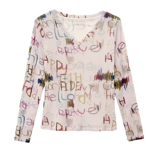 KQL欧货女装2025秋冬时尚洋气高弹网长袖印花V领T恤打底衫上衣批发 商品图4