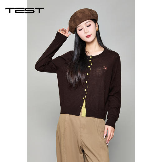 秋上新深棕色圆领单排扣针织开衫1253138 商品图0