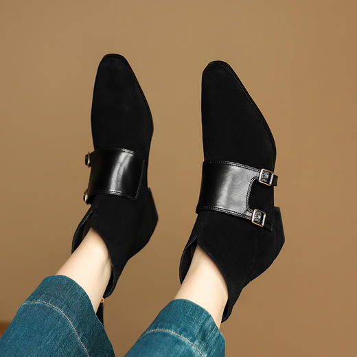 OLD K1775法式尖头小短靴粗跟翻皮靴子皮带扣中跟及踝裸靴 商品图1