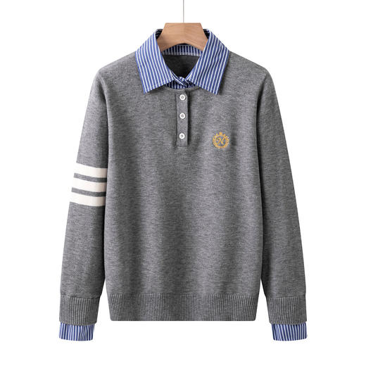 CC针织假两件上衣女2025春秋新款衬衫领毛衣拼接条纹时尚长袖打底衫 商品图4