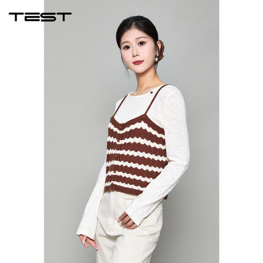 秋上新甜美风白色长袖+波浪纹条纹吊带两件套1253136 商品图0