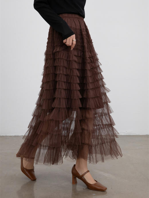 「自」全新升级【铂金会员174/天猫229/差价55】(02655)洛诗琳新款荷叶边网纱半身裙2025秋季复古流苏显瘦高腰大摆压褶A字裙 商品图4