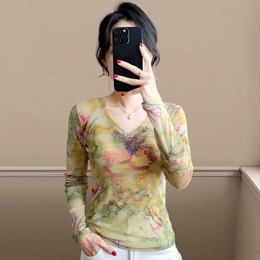 KQL欧货女装2025秋冬时尚洋气高弹网长袖印花V领T恤打底衫上衣批发 商品图3