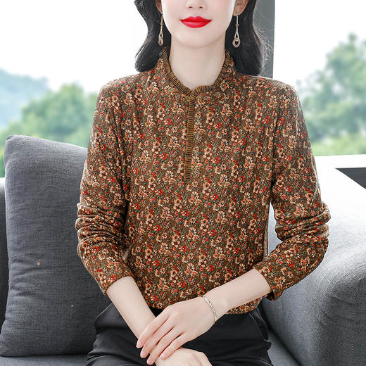 KQL现货秋冬新款女装小立领加厚长袖T恤碎花显瘦打底衫上衣 商品图1