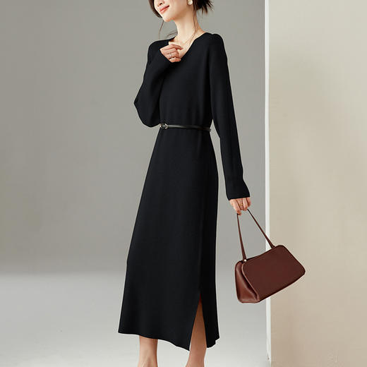 HR XF5821侧开叉针织连衣裙过膝毛衣裙气质显瘦 商品图2