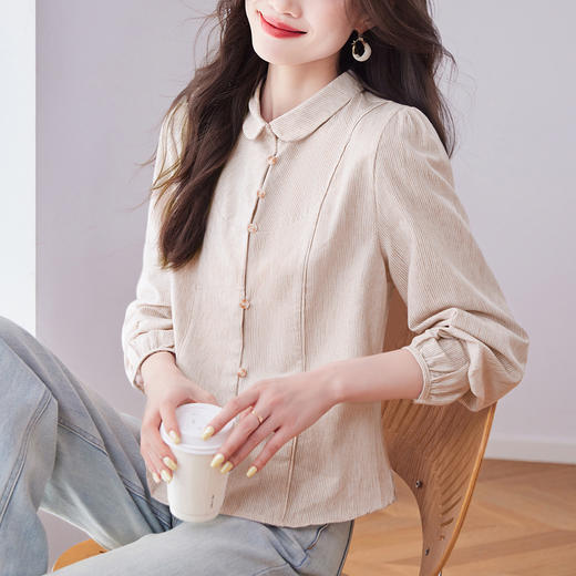 KQL纻衣棉麻圆领长袖衬衫女2025秋季新款文艺条纹衬衣设计感修身上衣 商品图2