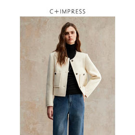 C+IMPRESS/西嘉美利奴羊毛 经典箱型小香风短款圆领双面毛呢外套