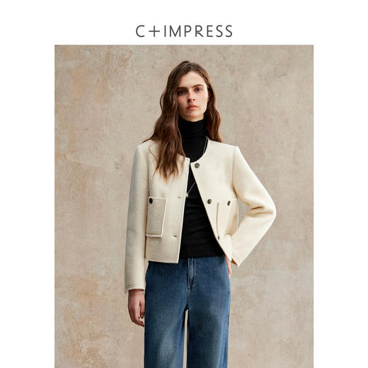 C+IMPRESS/西嘉美利奴羊毛 经典箱型小香风短款圆领双面毛呢外套 商品图0