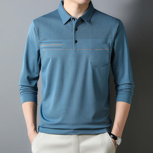 男士长袖薄款上衣打底衫中年男翻领真口袋休闲爸爸装T恤 商品图0