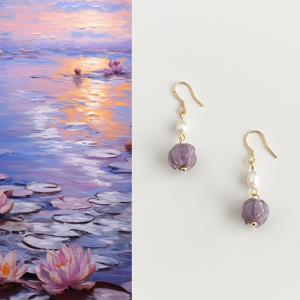 【紫莲花·珍珠耳环】敦煌小众国风原创手作花朵淡水珍珠耳环 法式复古优雅高级感文艺耳饰