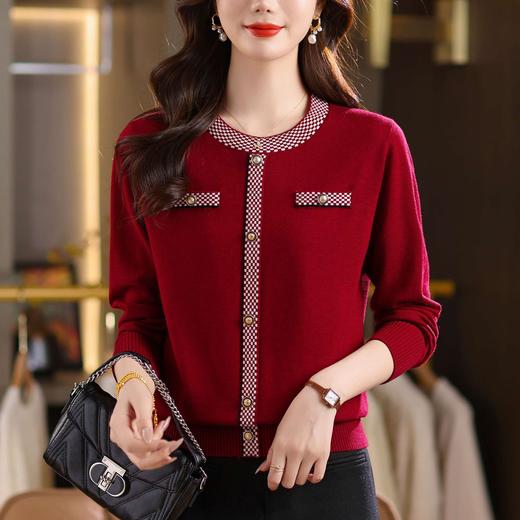 CC小香风撞色边针织衫女春秋好看圆领短款精致感打底衫显瘦毛衣潮 商品图0