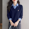 CC时尚洋气衬衣领假两件毛衣女2025年春秋新款针织设计感撞色打底衫 商品缩略图1