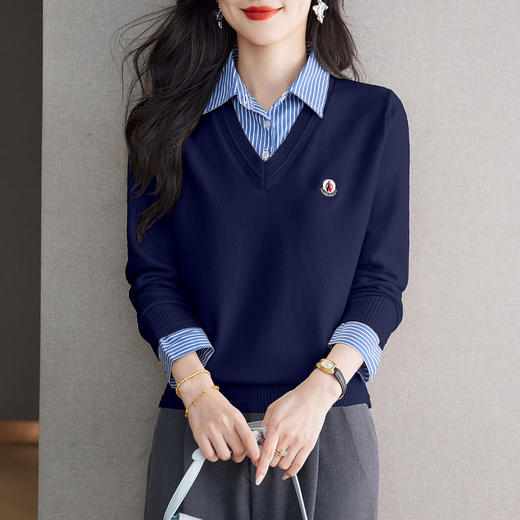 CC时尚洋气衬衣领假两件毛衣女2025年春秋新款针织设计感撞色打底衫 商品图1