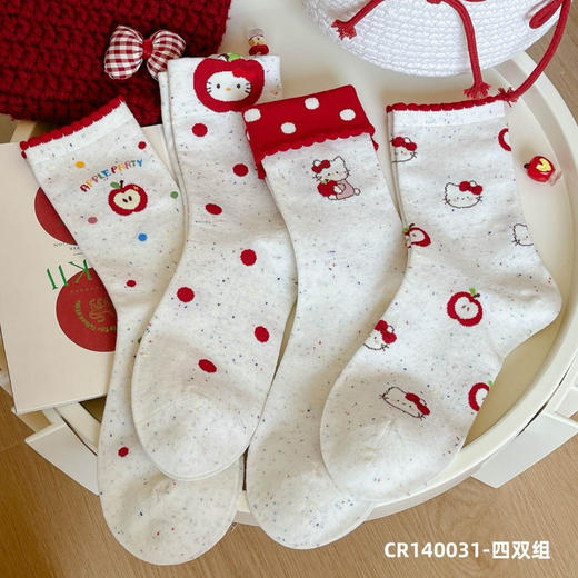 4双一组！超级可爱的红色kitty猫+红苹果棉袜中筒袜 平安幸运红女袜 学生秋冬袜子 商品图6