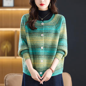 CC设计感撞色彩虹条纹圆领针织开衫2025年秋季韩版减龄蝙蝠毛衣外套