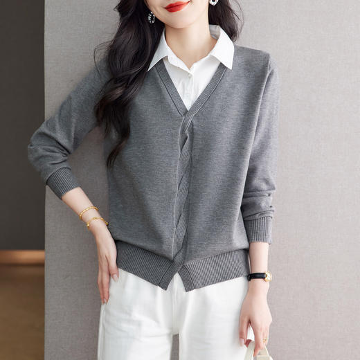 CC秋季衬衫领长袖针织t恤女2025新款气质洋气打底衫内搭假两件上衣 商品图1