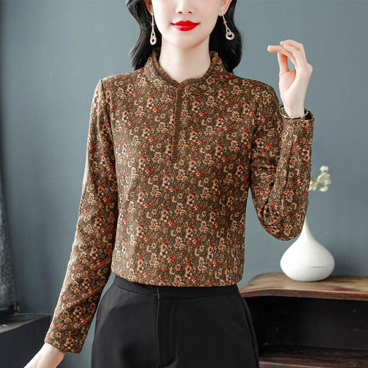 KQL现货秋冬新款女装小立领加厚长袖T恤碎花显瘦打底衫上衣 商品图2