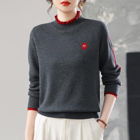 CC木耳边撞色毛衣女士秋装2025新款小立领假两件上衣洋气针织打底衫