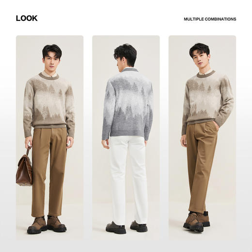 【7A抗菌/含羊毛/图案提花】柒牌圆领套头毛衫渐变山松树图案上衣129Y70960 商品图2