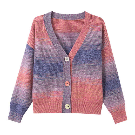 CC韩系撞色彩虹条纹针织开衫女2025秋季新款慵懒风时尚减龄显瘦上衣 商品图4