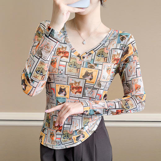 KQL欧货女装2025秋冬时尚洋气高弹网长袖印花V领T恤打底衫上衣批发 商品图1