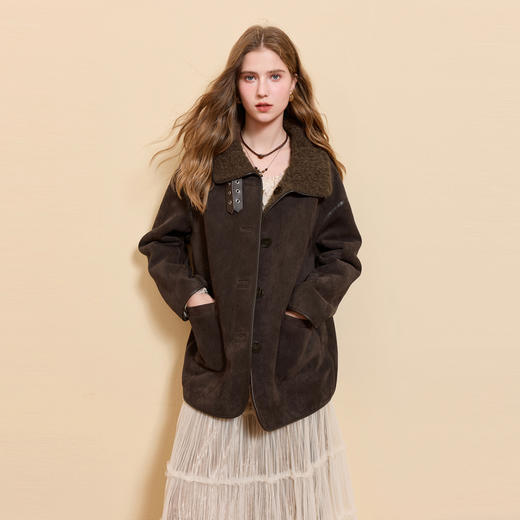 三彩2025冬季新款仿麂皮环保皮草毛毛外套立领中长两面穿宽松M 商品图1