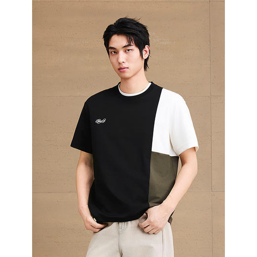 GXG男装 圆领T恤撞色拼接上衣肌理凉感短袖针织 2025夏季新品 商品图3