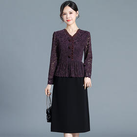 QYM 65097-Y时尚气质连衣裙网纱木耳边蕾丝拼结个两件包臀裙