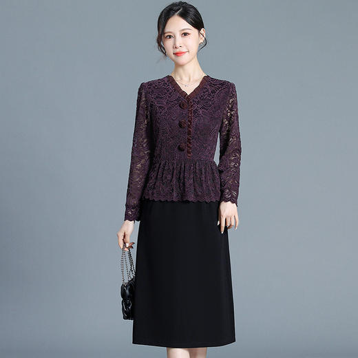 QYM 65097-Y时尚气质连衣裙网纱木耳边蕾丝拼结个两件包臀裙 商品图0