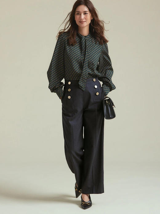 23区日系春季通勤职业宽松印花立领长袖衬衣休闲飘带衬衫商场同款 商品图1