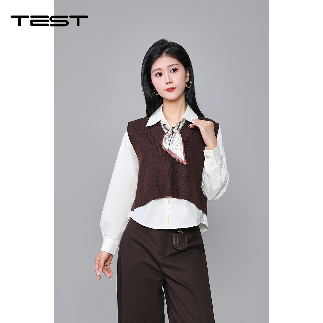 秋上新气质通勤风V领马甲配衬衫套装两件套1253131