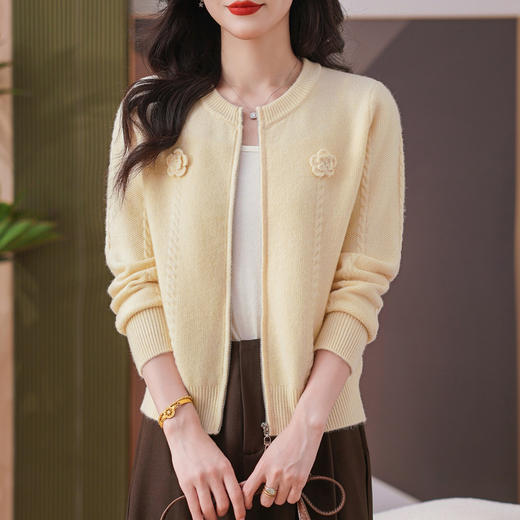 CC圆领拉链休闲女士短外套2025秋季新款立体花朵针织开衫春秋棒球服 商品图1