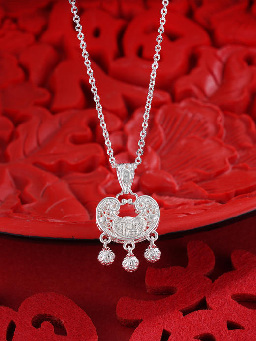 子佩集S990银【清福祥绘】套链【QLTL001】纯银花丝元宝锁项链双面花2509 商品图3